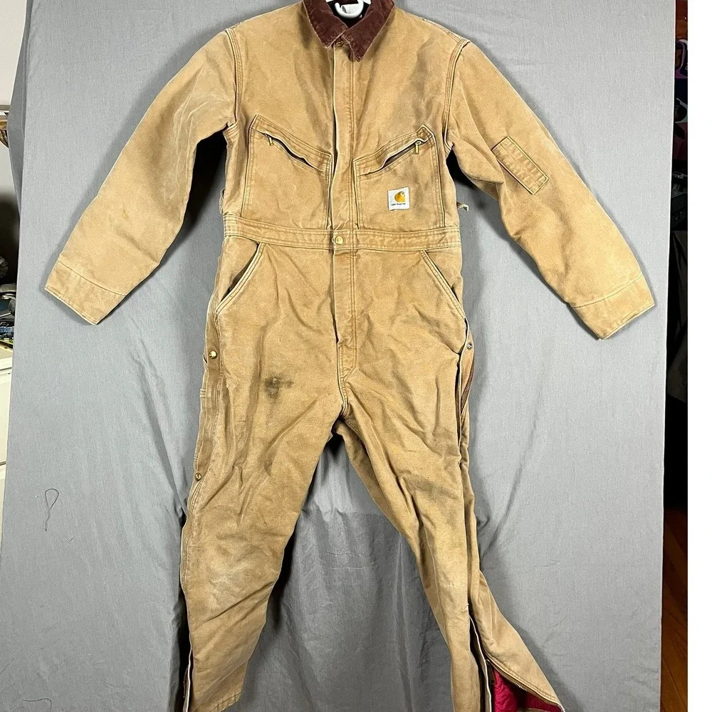 Carhartt Coveralls Mens 40 Short X01 Brown Quilt Lined Duck Canvas Distressed